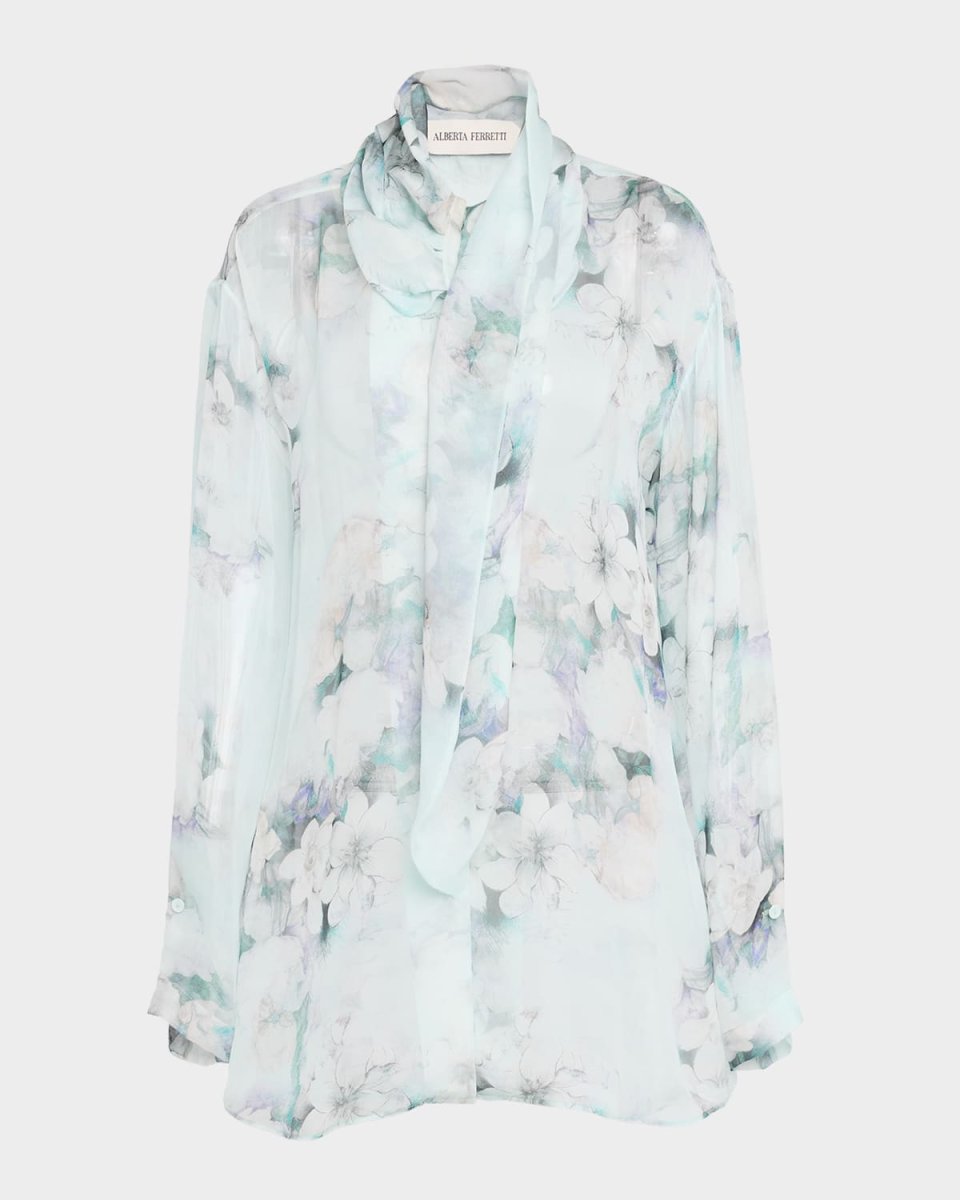 Flower Print Chiffon Scarf-Neck Blous